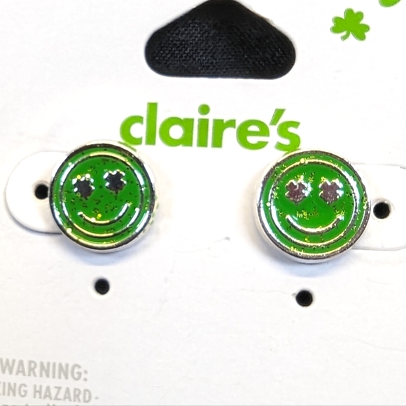 Claire's St. Patrick's Day Glittery Smiley Face Stud Earrings - Picture 3 of 5